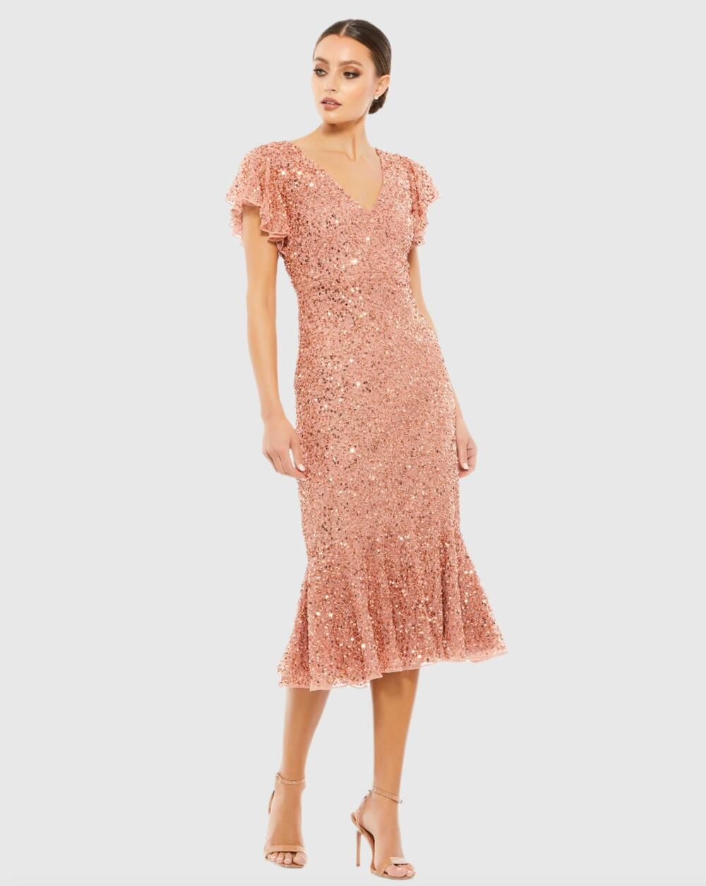 NWT Mac Duggal Rose Gold Pink Sequin Flutter Sleeve Flute Midi 10801 Dress US 6